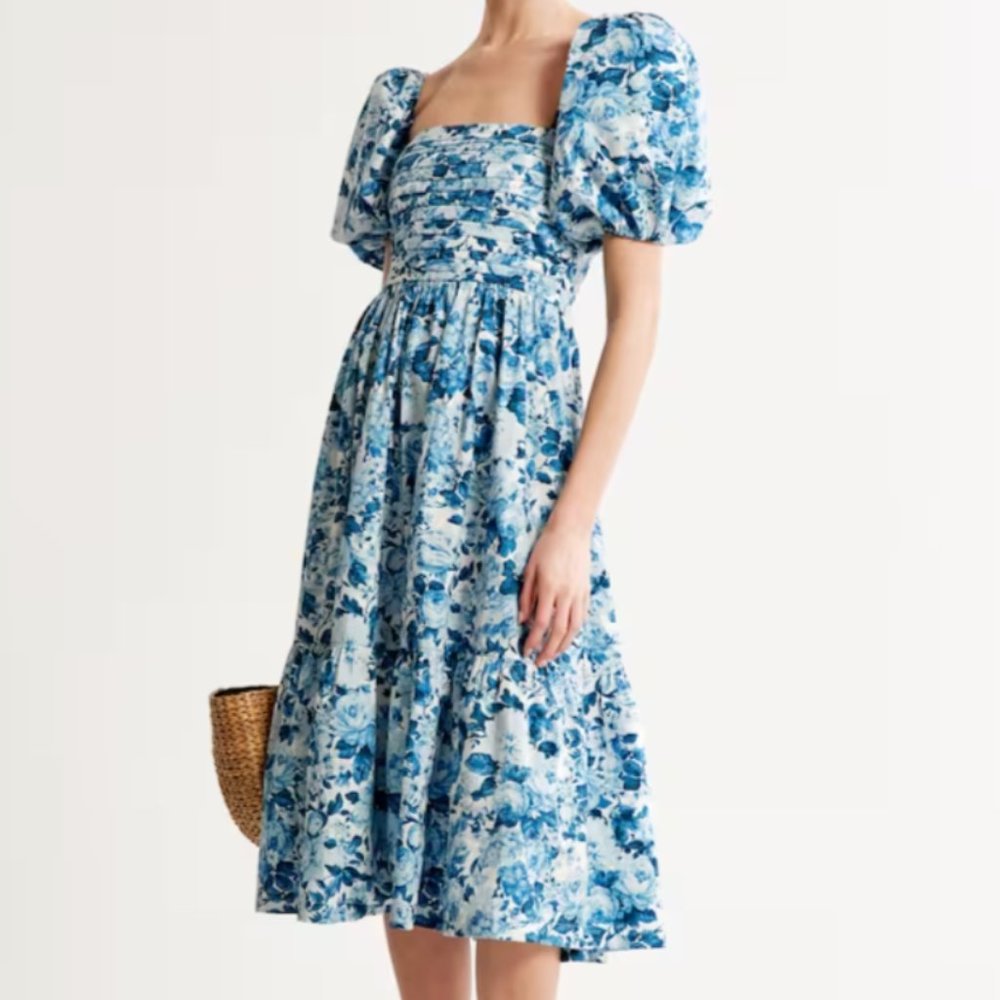 Emerson Poplin Puff Sleeve Midi Dress (Blue Floral)